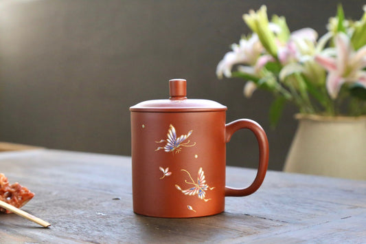 Butterfly Flowers (蝶恋花盖杯) Purple Clay Covered Cup Yixing Zisha Teacup 420ML