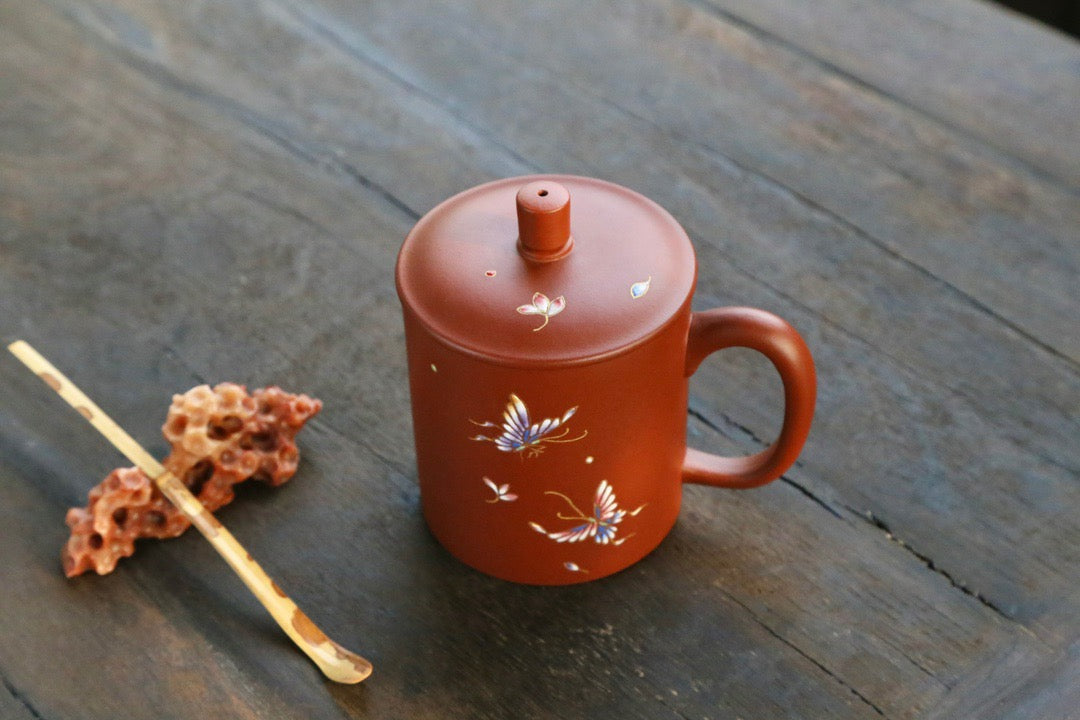 Butterfly Flowers (蝶恋花盖杯) Purple Clay Covered Cup Yixing Zisha Teacup 420ML