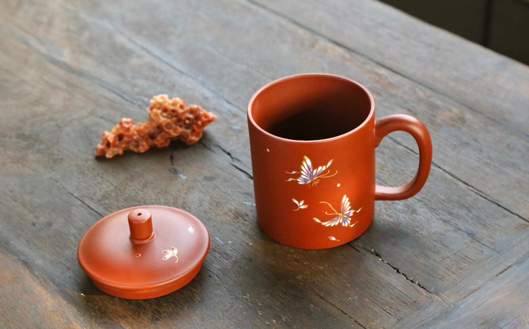 Butterfly Flowers (蝶恋花盖杯) Purple Clay Covered Cup Yixing Zisha Teacup 420ML
